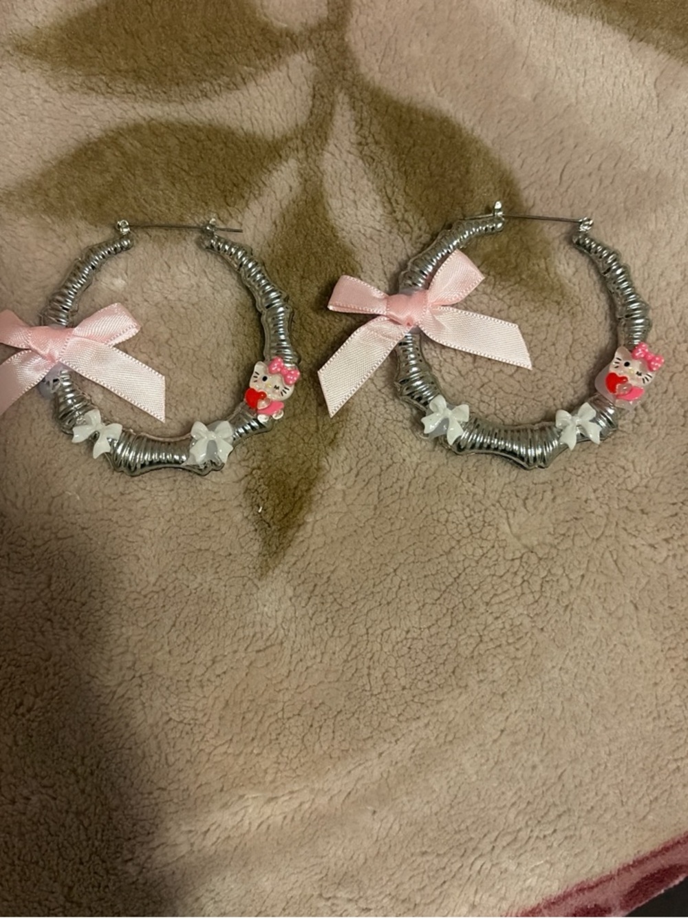 Silver Hoop Earrings with Pink Bows and Pink Accents
